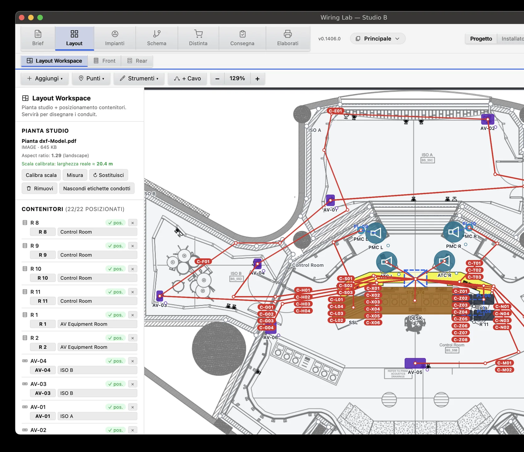 Wiring Lab, Layout Workspace view: a plan with rooms, conduits and cable routes